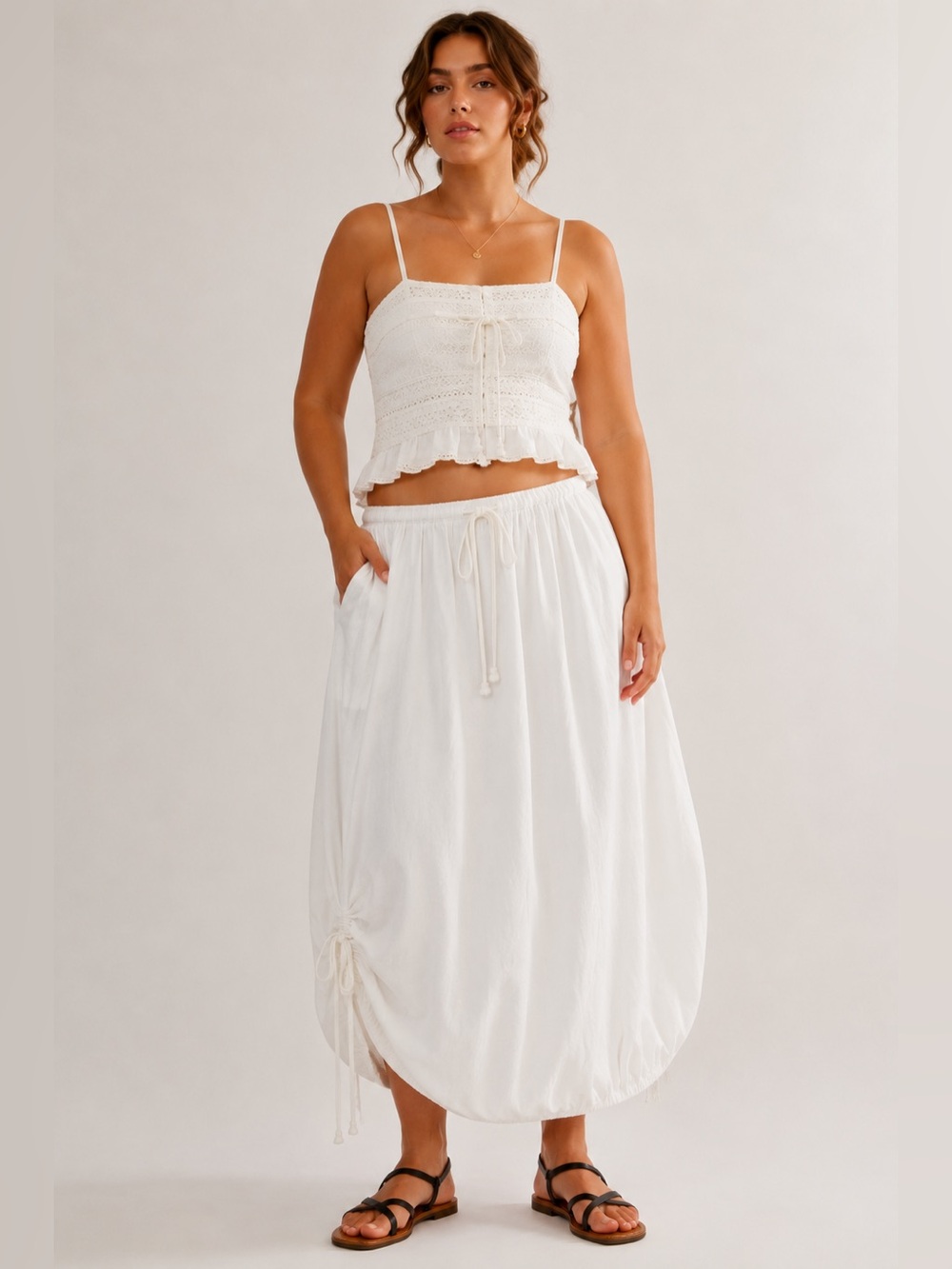 Free People White Perfect Parachute Ruched Drawstring Bubble Hem Midi Boho Skirt